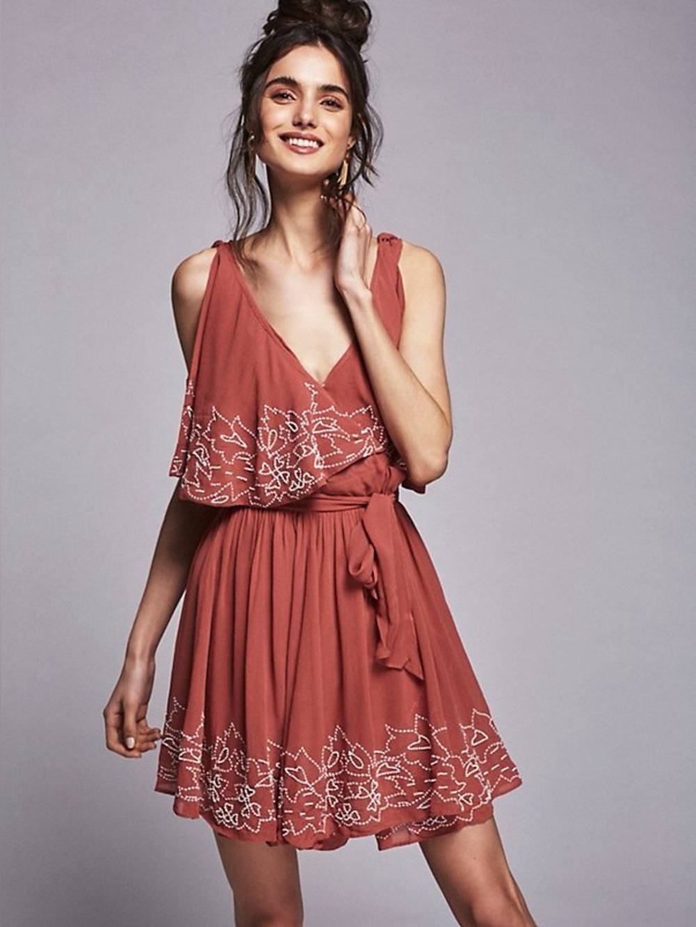 Free People Coral Embroidered & Beaded
Cape Overlay Boho Mini Wrap Dress, S